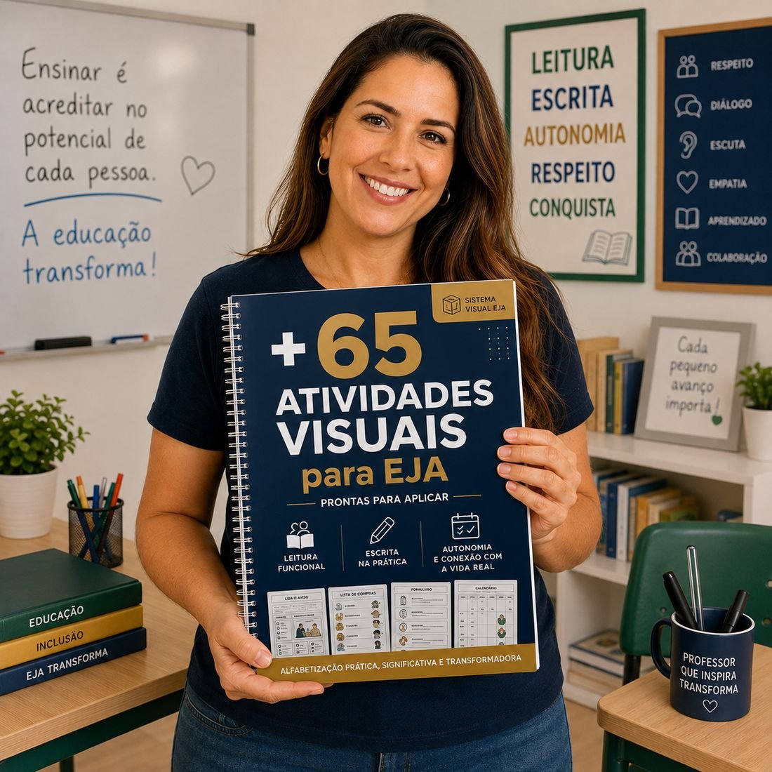 Professora segurando o material +65 Atividades Visuais para EJA